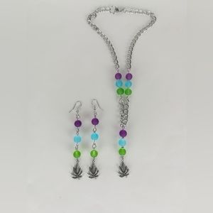Unique colorful tri color cannabis leaf necklace & earring set purple/blue/green